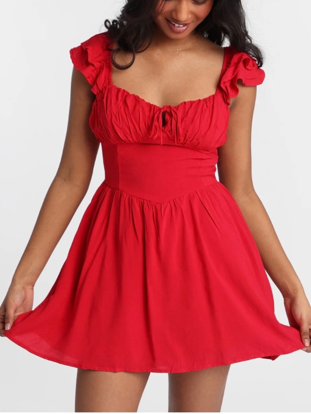 Red Tie-Back Flutter Sleeve Mini Dress